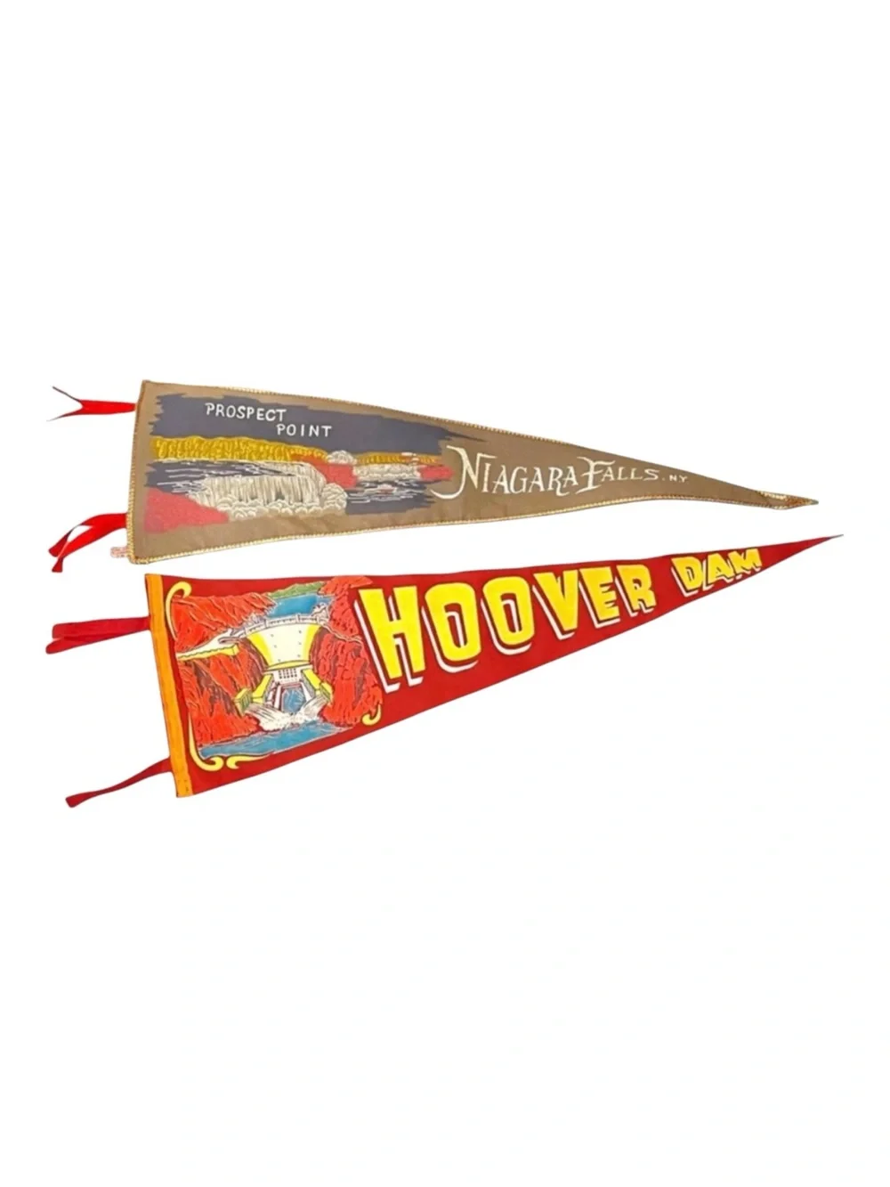 Vintage Felt Niagara Falls & Hoover Dam Souvenir Pennant  - Red, Gray